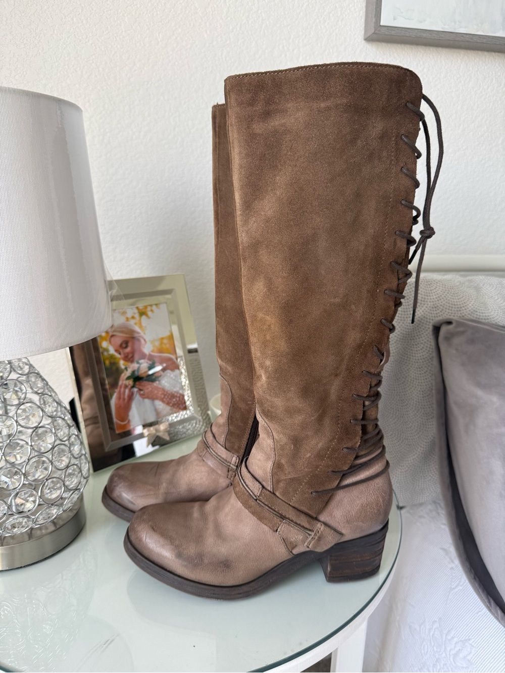 Women's Brown Suede Lace-Back Knee leather Boots